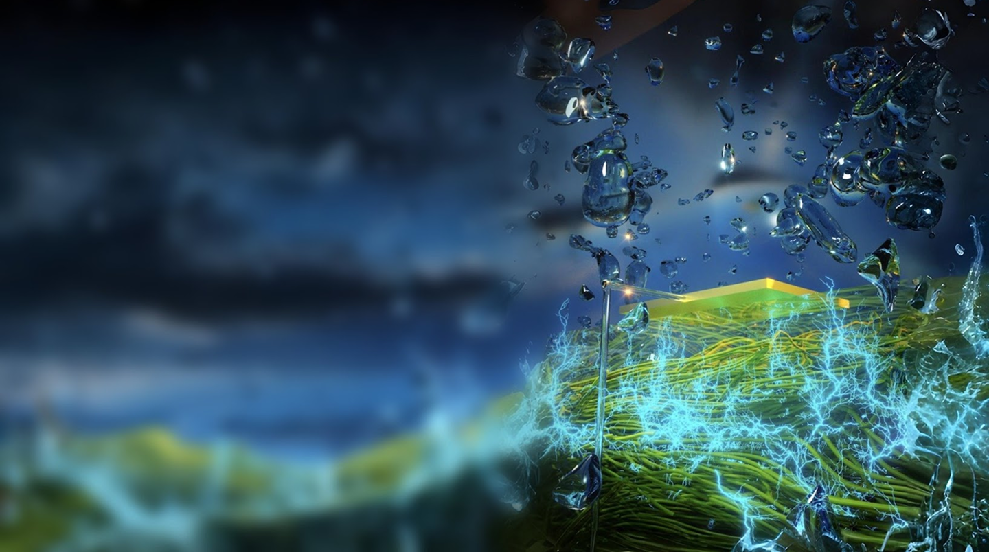 Air-Gen conceptual illustration showing water droplets, green fibrous material, and electrical discharges